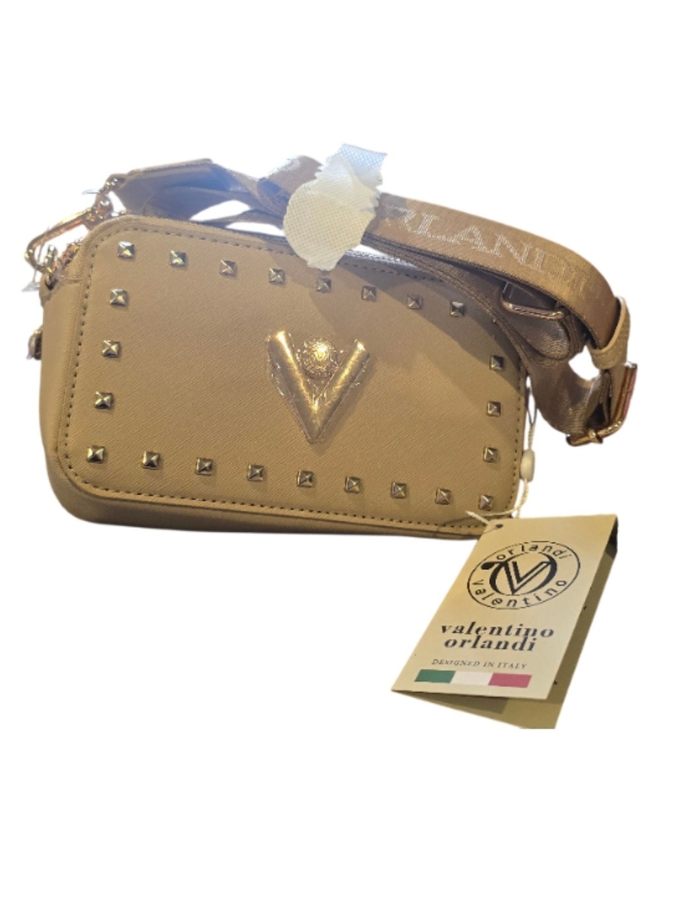 Valentino Orlandi Taupe Studded Crossbody Bag with V Logo